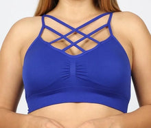 Load image into Gallery viewer, Plus Size Double Criss-Cross Padded Bralette Grey Blue Adjustable Straps - Image 3