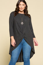 Load image into Gallery viewer, Charcoal Hacci Knit Knotted Hi-Lo Top