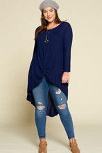 Load image into Gallery viewer, Navy Blue Hacci Knit Knotted Hi-Lo Top