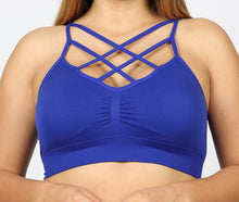 Load image into Gallery viewer, Plus Size Double Criss-Cross Padded Bralette Grey Blue Adjustable Straps